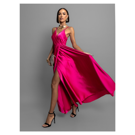 Tmavě růžové lesklé dlouhé plesové šaty CHRYSANTHE