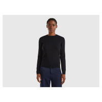 Benetton, Black Crew Neck Sweater In Merino Wool