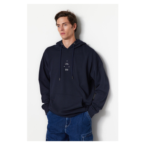 Trendyol Navy Blue Oversize/Wide-Fit Hooded Space Printed Fleece Sweatshirt