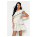Trendyol Ecru Belted Mini Weave Stripe Accessoried One-Shoulder 100% Cotton Beach Dress