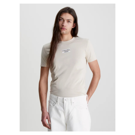 Calvin Klein pánské béžové tričko TRANSPARENT STRIPE LOGO