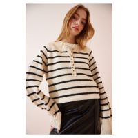 Happiness İstanbul Women's Bone Black Buttoned Collar Striped Knitwear Sweater