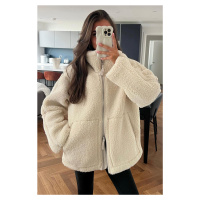 Madmext Beige High Neck Pocketed Plush Coat