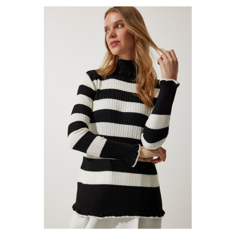 Happiness İstanbul Women's Black Ecru Turtleneck Frilly Striped Knitwear Sweater