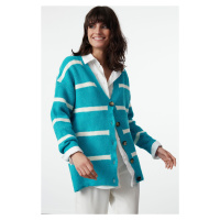 Trendyol Light Blue Wide Fit Soft Textured Striped Knitwear Cardigan