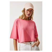 Happiness İstanbul Women's Pink Basic Crop Knitted T-Shirt