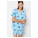 Trendyol Blue 100% Cotton Star Patterned T-shirt-Shorts Knitted Pajama Set