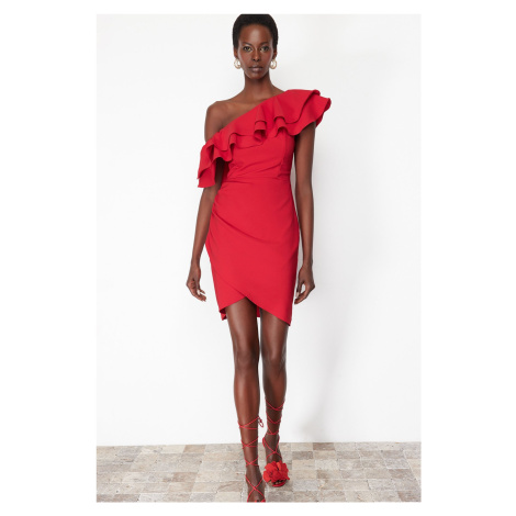 Trendyol Red Single Sleeve Frilly Elegant Evening Dress