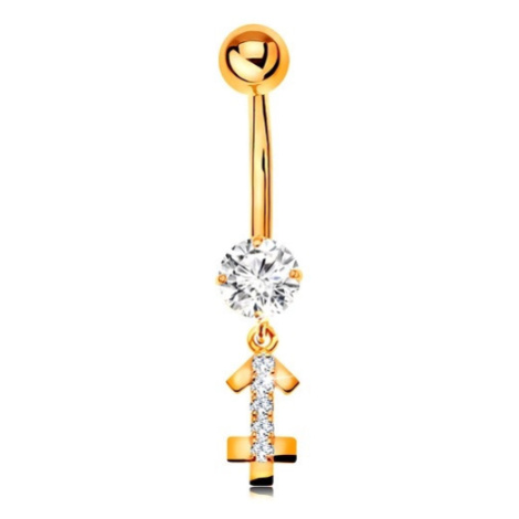 Zlatý 9K piercing do bříška - čirý zirkon, blýskavý symbol zvěrokruhu - STŘELEC Šperky eshop