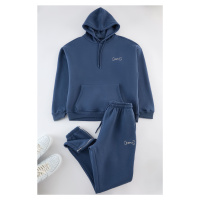 Trendyol Indigo Oversize/Wide Cut Elastic Leg Embroidered Piping Fleece Inside Tracksuit Set