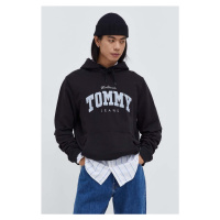 Bavlněná mikina Tommy Jeans pánská, černá barva, s kapucí, s aplikací, DM0DM18401