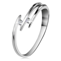 Briliantový prsten z bílého 14K zlata - dva blýskavé čiré diamanty, tenké linie ramen