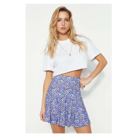 Trendyol Purple Printed Ruffle High Waist Mini Knitted Shorts Skirt