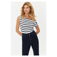 Trendyol Navy Blue Striped Boat Neck Fitted Viscose/Soft Fabric Stretch Knit Knitted Blouse