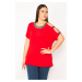 Şans Women's Plus Size Red One-Shoulder And Collar Silvery Detailed Blouse