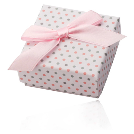 Bílá dárková krabička na prsteny nebo náušnice, růžové a šedé tečky, mašlička Šperky eshop