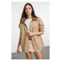 Trendyol Brown Suede Contrast Collar Denim Shirt Jacket