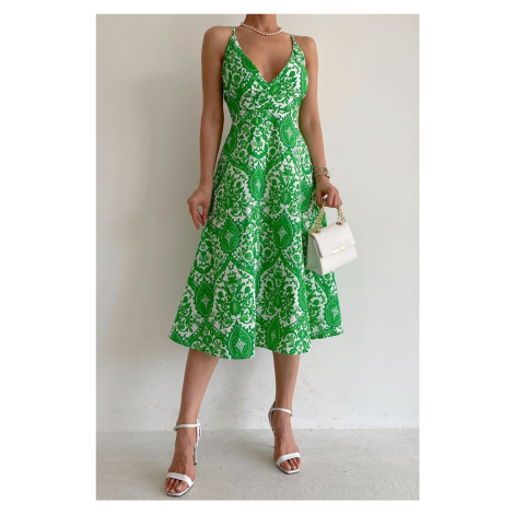 Madmext zelené vzorované midi šaty s nízkým výstřihem