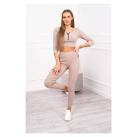 Žebrovaný crop top set tmavě béžový