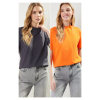 Trendyol Anthracite-Orange 2-Pack Basic High Neck Knitted T-Shirt