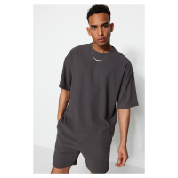 Trendyol Limited Edition Basic Gray Oversize/Wide Fit Textured Anti-Wrinkle Ottoman T-Shirt