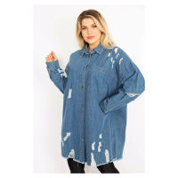 Şans Women's Plus Size Blue Ripped Detailed Loose Cut Oversized Denim Tunic Jacket