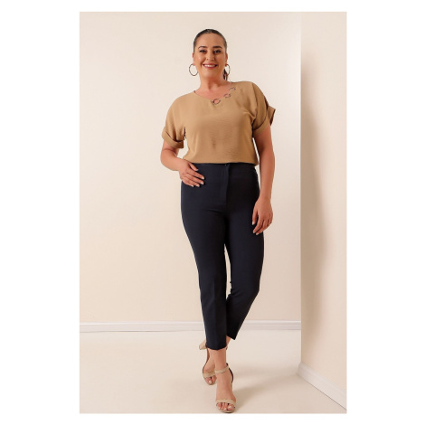 By Saygı Navy Blue Large Size Lycra Plus Size Trousers With Elastic Waist Pocket