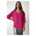 Happiness İstanbul Dámský růžový V-Neck Oversize Základní pletený svetr