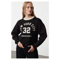 Trendyol Black Color Blocked Slogan Oversize Crop Thick Inside Fleece Knitted Sweatshirt