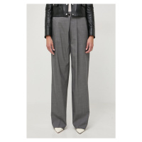 Vlněné kalhoty BOSS šedá barva, jednoduché, high waist, 50505608