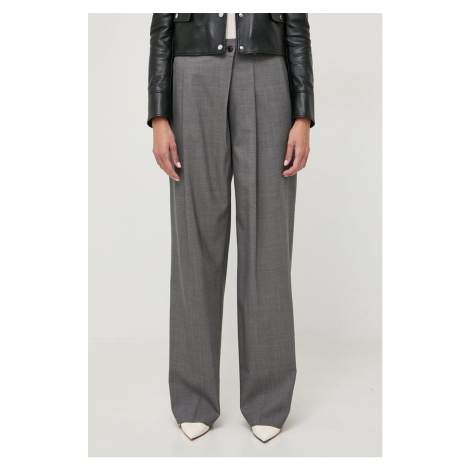 Vlněné kalhoty BOSS šedá barva, jednoduché, high waist, 50505608 Hugo Boss