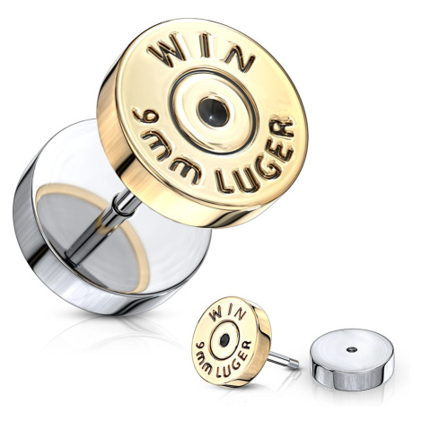 Fake plug ve stříbrné barvě - plochý kruh ve zlatém odstínu, nápis "WIN" Šperky eshop