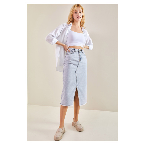 Bianco Lucci Women's Laser Cut Slit Denim Skirt
