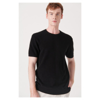 Avva Men's Black Crew Neck Textured Ribbed Regular Fit Knitwear T-shirt