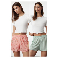 Trendyol Mint-Multicolor 2 Pack Floral Pointel Openwork/Hole Ribbed Knitted Pajama Bottoms