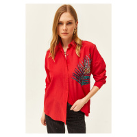 Olalook Women's Red Palm Sequin Detailed Oversize Woven Poplin Shirt