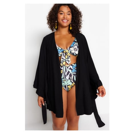 Trendyol Curve Black Sleeve Flounced Viscose Beach Wear Woven Kimono & Kaftan