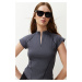 Trendyol Anthracite High Neck Zipper Detailed Crop Raglan Sleeve Knitted Blouse