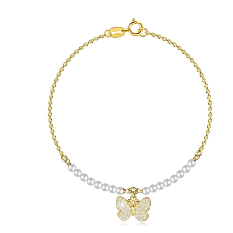 Stříbrný náramek 925 ve zlatě - motýl s kubickými zirkony, syntetické perly Šperky eshop