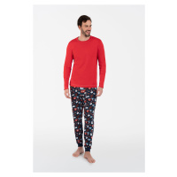 Pánské pyžamo Rojas dlouhé rukávy, dlouhé nohavice - červená/potisk