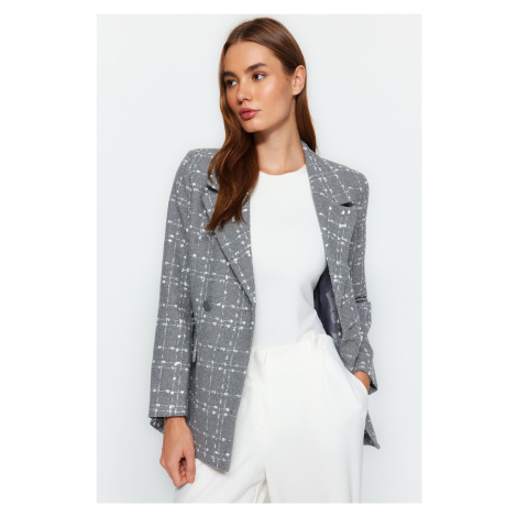 Trendyol Gray Oversize Woven Plaid Blazer Jacket