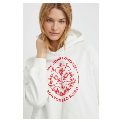 Bavlněná mikina Pepe Jeans HARIA dámská, bílá barva, s kapucí, s aplikací, PL581399
