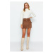 Trendyol Brown Belted Zipper Pocket Detail Velvet Mini Woven Skirt