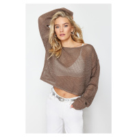 Trendyol Mink Silvery Boat Neck Openwork/Perforated Knitwear Sweater