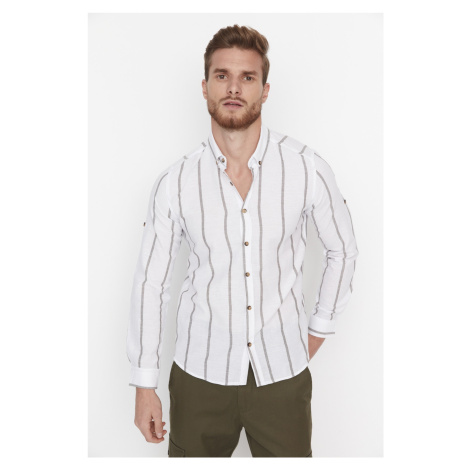 Trendyol Khaki Slim Fit Buttoned Collar Epaulette Striped Shirt