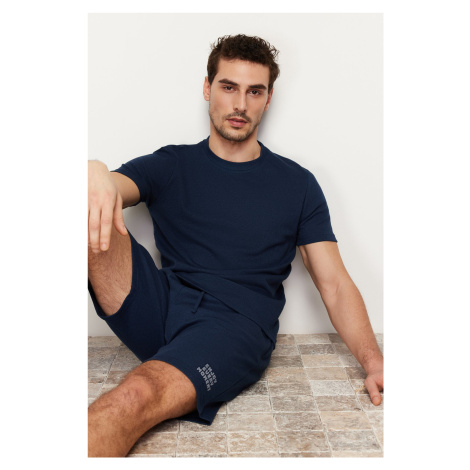 Trendyol Navy Blue Regular Fit Textured Knitted Pajamas Set with Shorts
