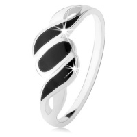 Stříbrný 925 prsten, hladká ramena, šikmé černé linie a ovál