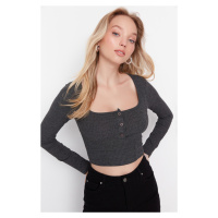 Trendyol Anthracite Button Detailed Square Neck Fitted Flexible Crop Knitted Blouse