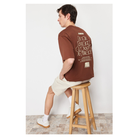 Trendyol Brown Oversize/Wide-Fit Crew Neck Text Printed 100% Cotton T-Shirt