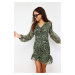 Trendyol Zelené Vzorované Nařasené Volánky S Výstřihem Do Detail A-linie Mini Tyl Pletené šaty